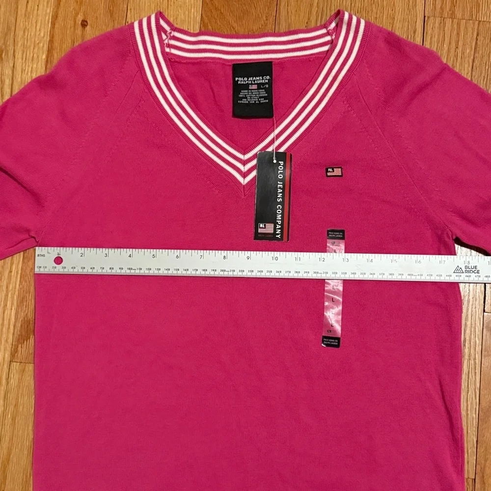 Polo by Ralph Lauren V-Neck Sweater Pink, White Stripes 100% Cotton Tenniscore - Picture 6 of 8